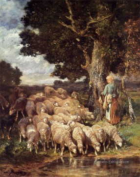  jacque - Une bergère avec son troupeau près d’un ruisseau animalier Charles Émile Jacque